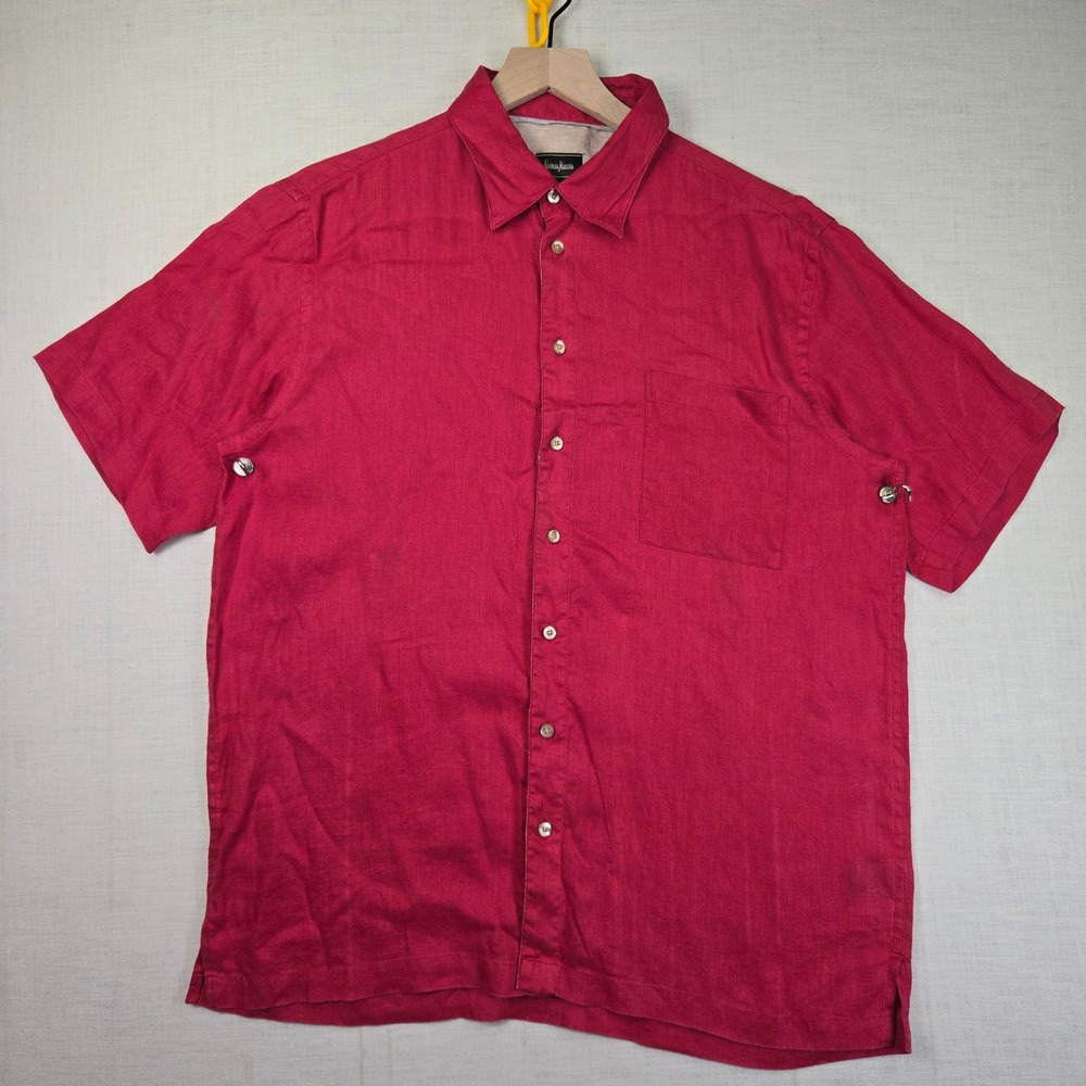 Neiman Marcus Shirt Large Men Red Short Sleeve Linen Summer Resort Vacation  Top